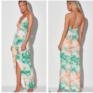 NWT LULU'S Green Orange Metallic Tie Dye Sleeveless High Slit Maxi Dress Small